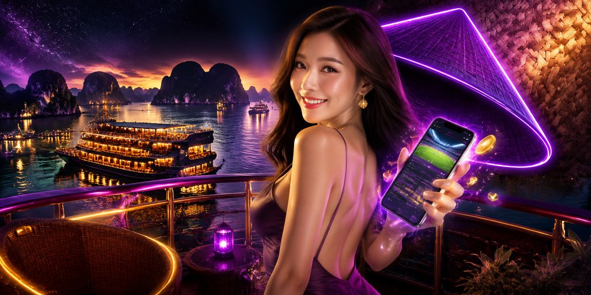 Người dùng đội nón lá tại Vịnh Hạ Long truy cập ứng dụng casino trên điện thoại di động