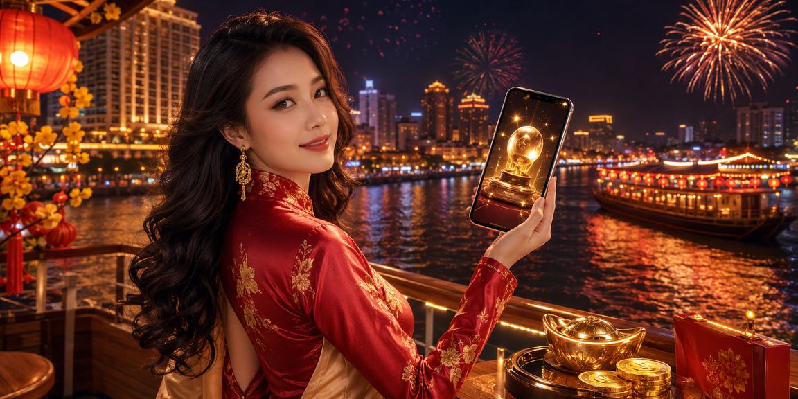 Người dùng mặc áo dài trải nghiệm game bắn cá trên điện thoại tại vùng Mekong, không khí Nam Bộ