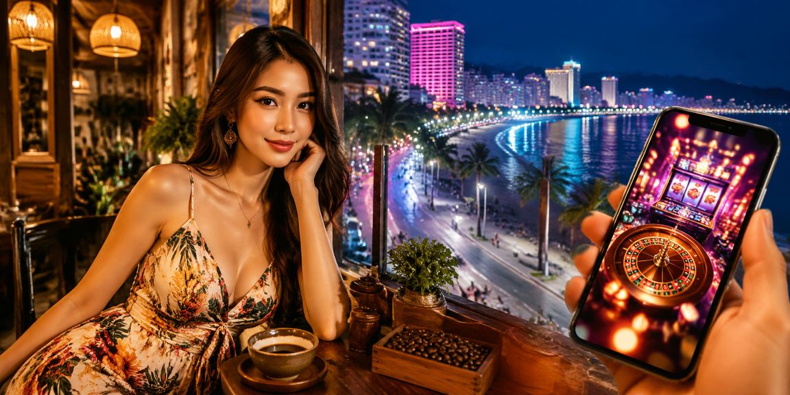 Người dùng chơi casino di động tại bãi biển Nha Trang với điện thoại Android